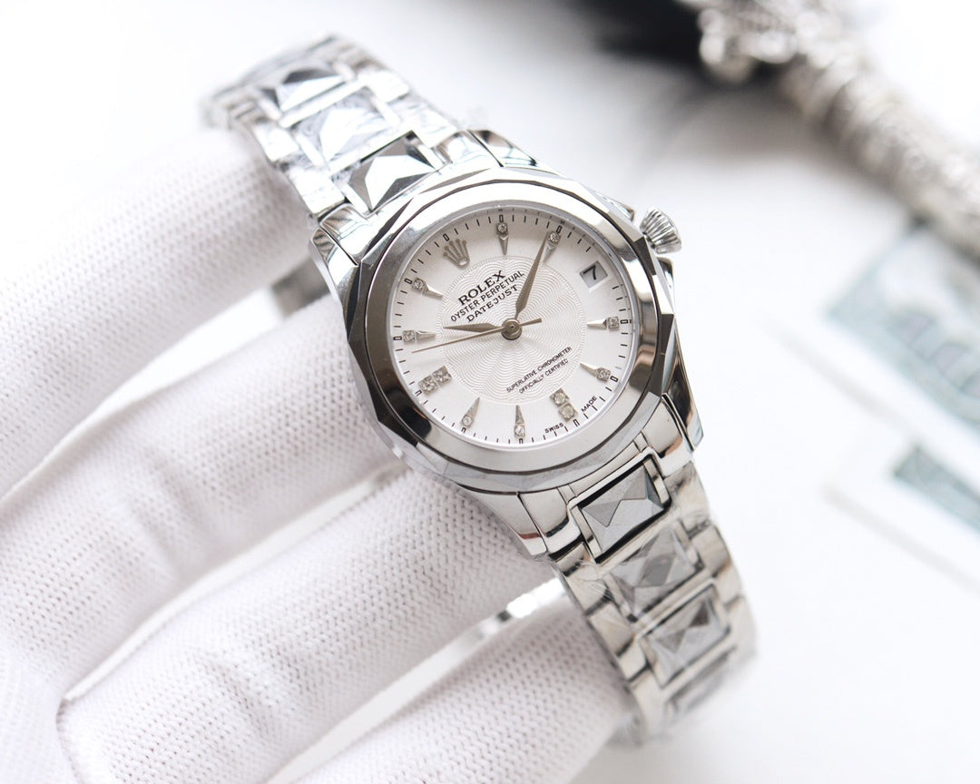 Rolex wristwatch with white dial, gold hands, stainless steel bracelet.