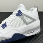 Air Jordan 4 sneaker side view in white with navy sole trim and air unit