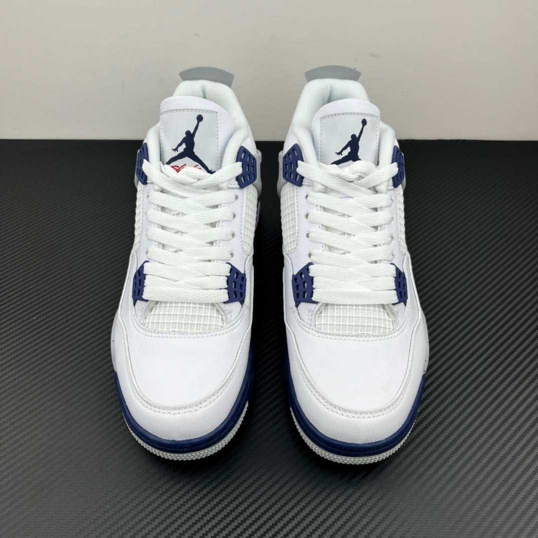 Pair of white Air Jordan 4 sneakers with navy detailing and lace-up design