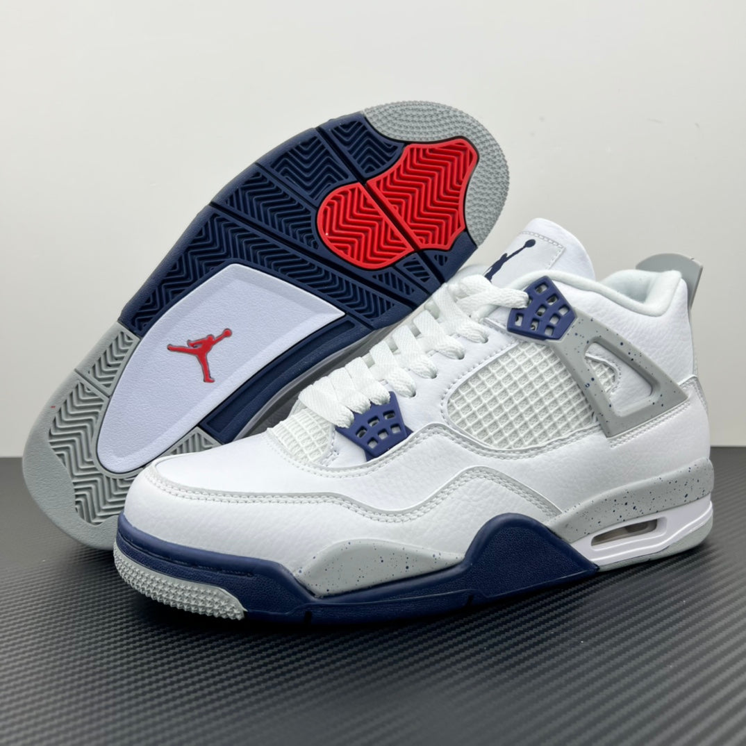 Air Jordan 4 sneaker showing gray, red, and navy outsole tread