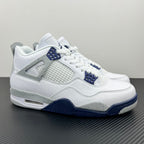 White and navy Air Jordan 4 sneaker with blue accents and lace-up front