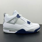 White Air Jordan 4 low-top sneaker with navy heel and blue lace eyelets
