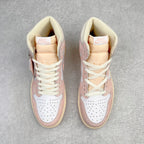 Pair of Air Jordan 1 Retro High OG high-top sneakers with pink panels, white laces, cream trim