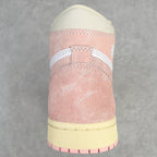 Air Jordan 1 Retro High OG heel view in pink suede with cream collar and outsole