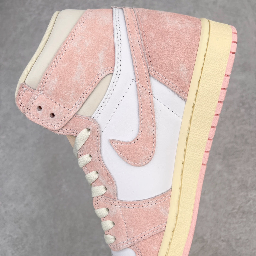 Air Jordan 1 Retro High OG high-top sneakers side view with pink suede and white paneling