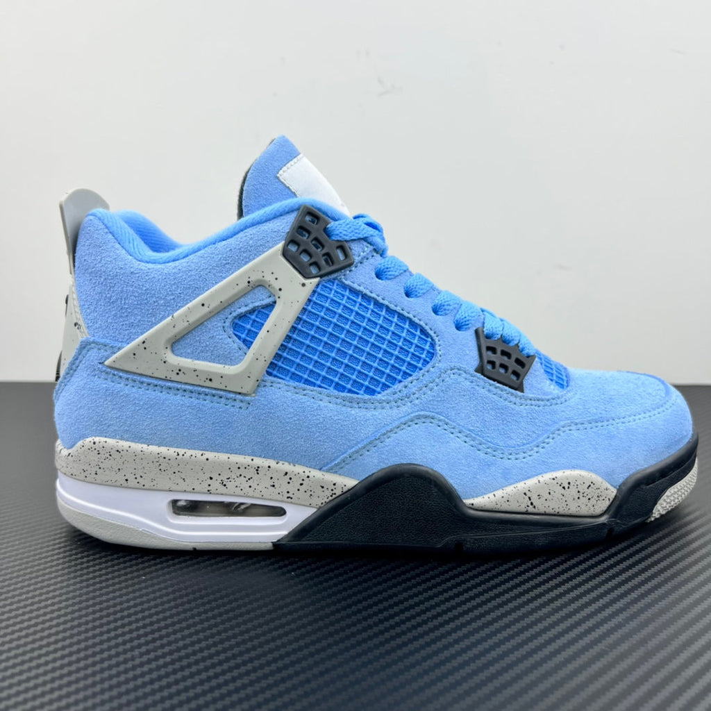 Light blue Air Jordan 4 sneakers with metallic silver lace panel and black sole