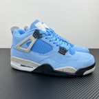 Light blue suede and mesh Air Jordan 4 sneakers with dark heel and lace-up
