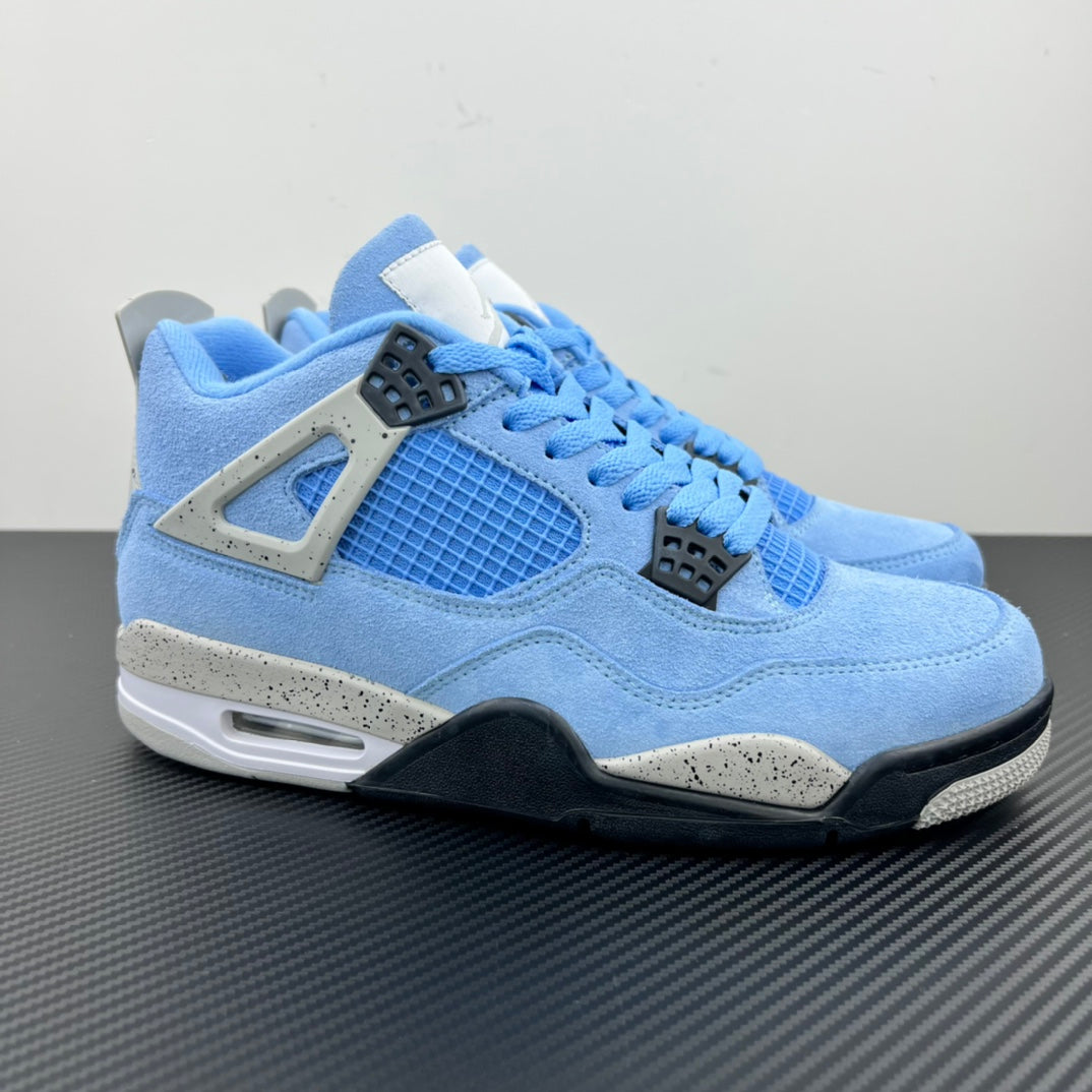 Light blue suede and mesh Air Jordan 4 sneakers with dark heel and lace-up