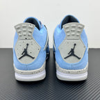 Light blue Air Jordan 4 sneakers with Jumpman logo on gray heel caps