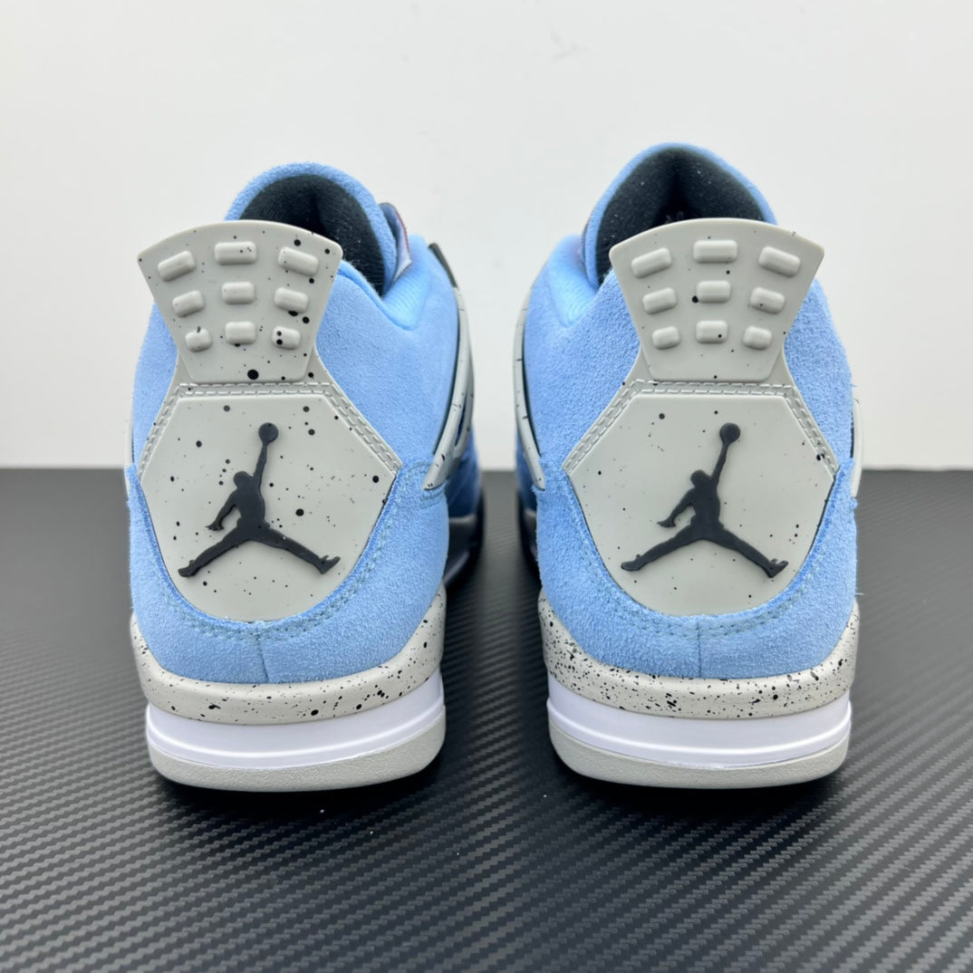 Light blue Air Jordan 4 sneakers with Jumpman logo on gray heel caps