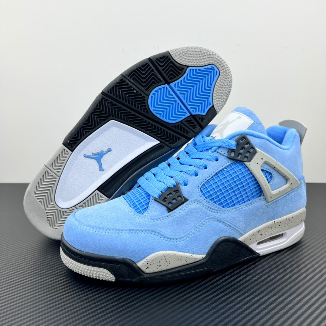 Light blue Air Jordan 4 sneakers with textured outsole and Jumpman logo