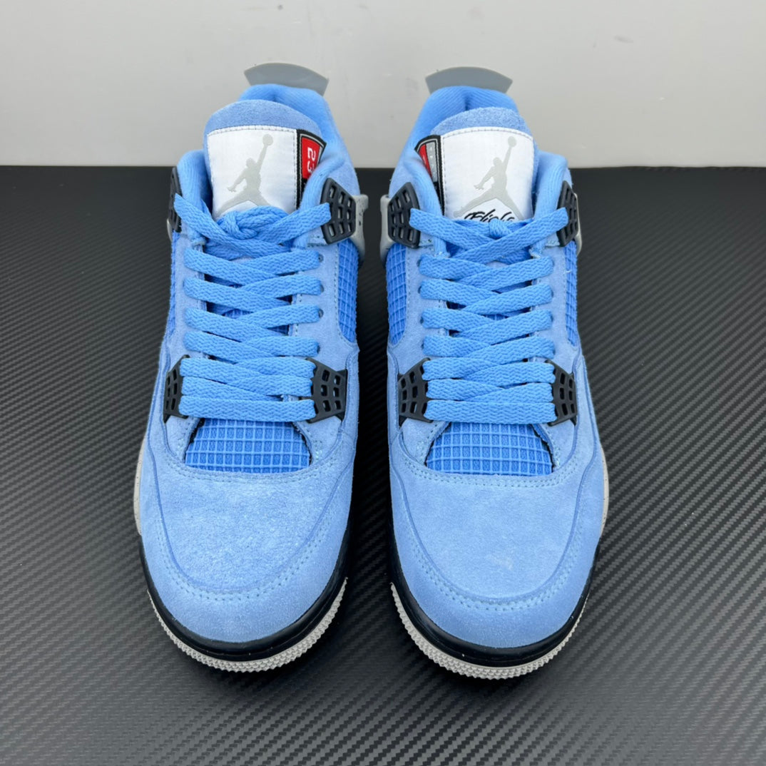 Light blue Air Jordan 4 sneakers, paired with padded tongues and lace-up vamps