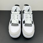Pair of white Air Jordan 4 sneakers with lace-up fronts and black Jumpman logos