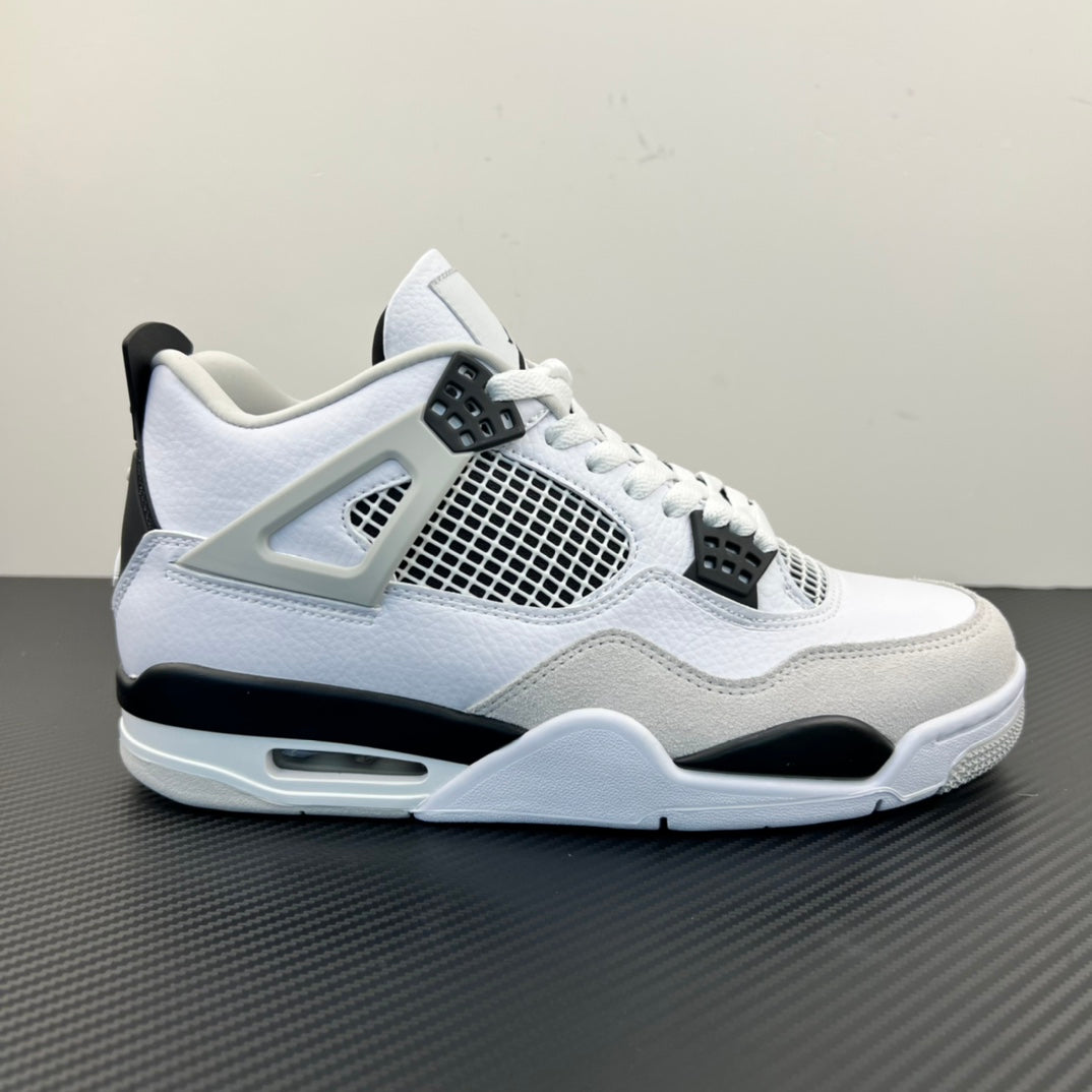 Air Jordan 4 sneaker in white with black accents, lace-up, and mesh side window