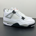 White high-top sneakers with grey mesh panels and black heel, red accents