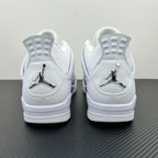 White Air Jordan 4 sneaker heels with Jumpman logo and textured rubber outsole