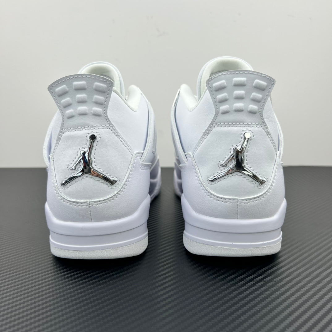 White Air Jordan 4 sneaker heels with Jumpman logo and textured rubber outsole