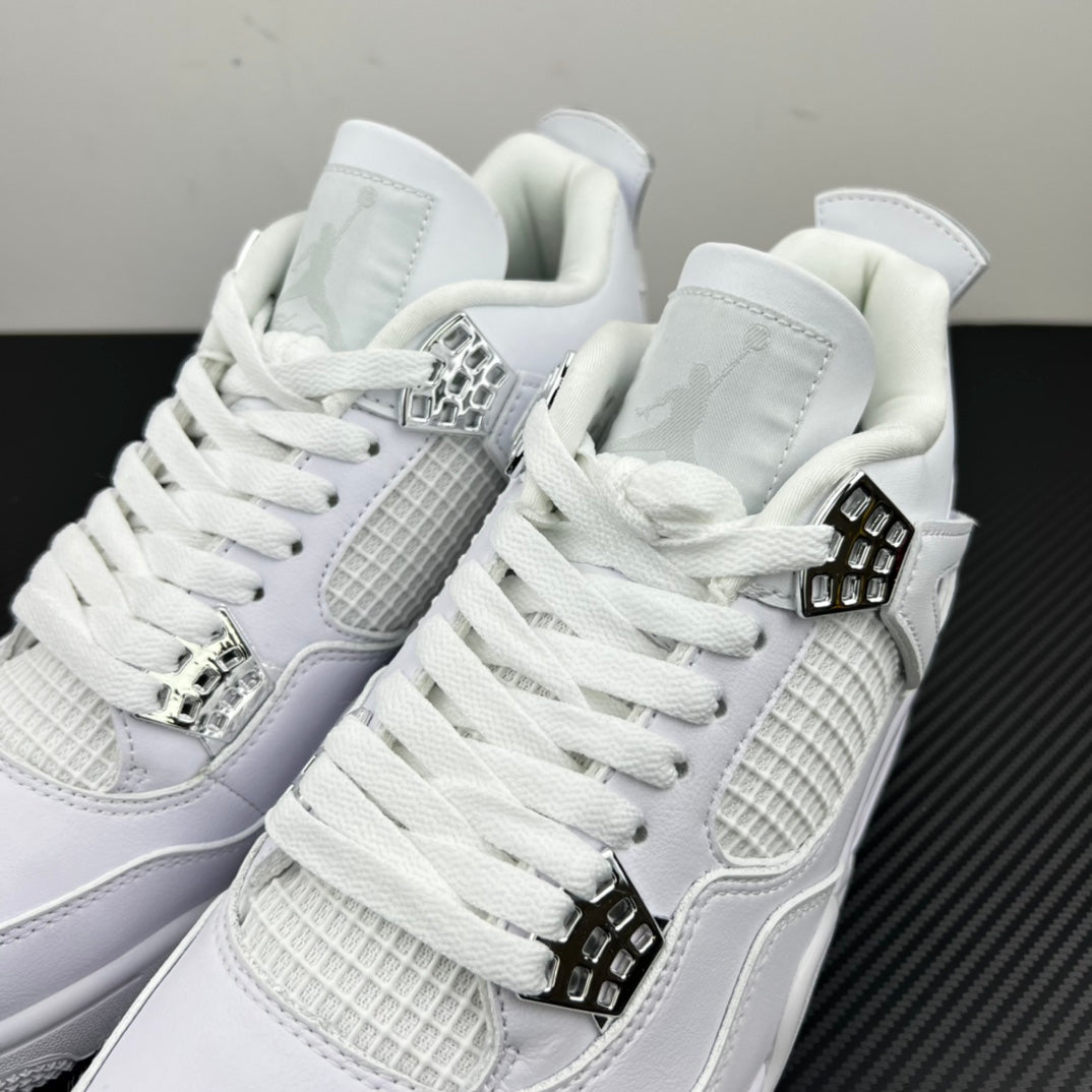 Two white Air Jordan 4 sneakers shown from the front with lace-up and buckled straps