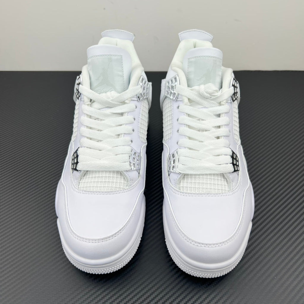 Pair of white Air Jordan 4 sneakers, back view with padded collars and lace-up straps