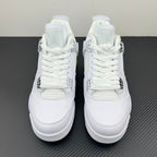 Pair of white Air Jordan 4 sneakers, back view with padded collars and lace-up straps