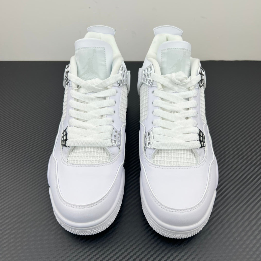Pair of white Air Jordan 4 sneakers, back view with padded collars and lace-up straps