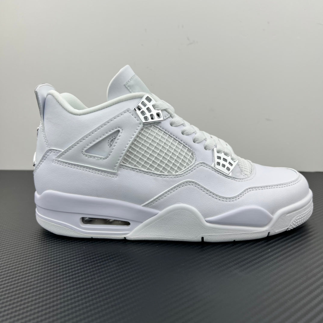 White Air Jordan 4 sneaker, side view with net-textured panel and lace-up closure
