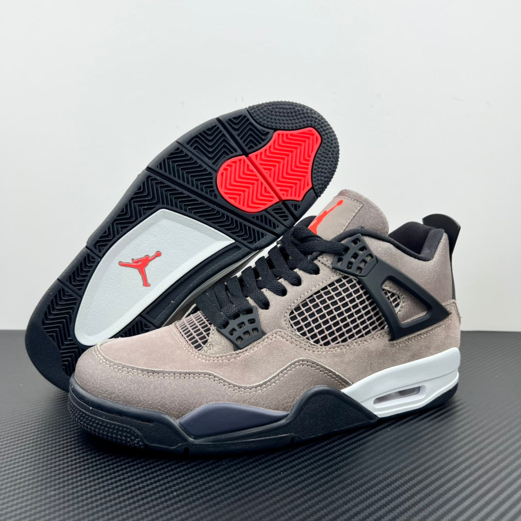 Air Jordan 4 style sneaker heel and outsole view with red tread and white midsole