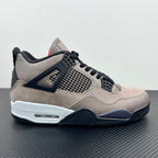 Taupe and black Air Jordan 4 style sneaker with front mesh grid and lace-up