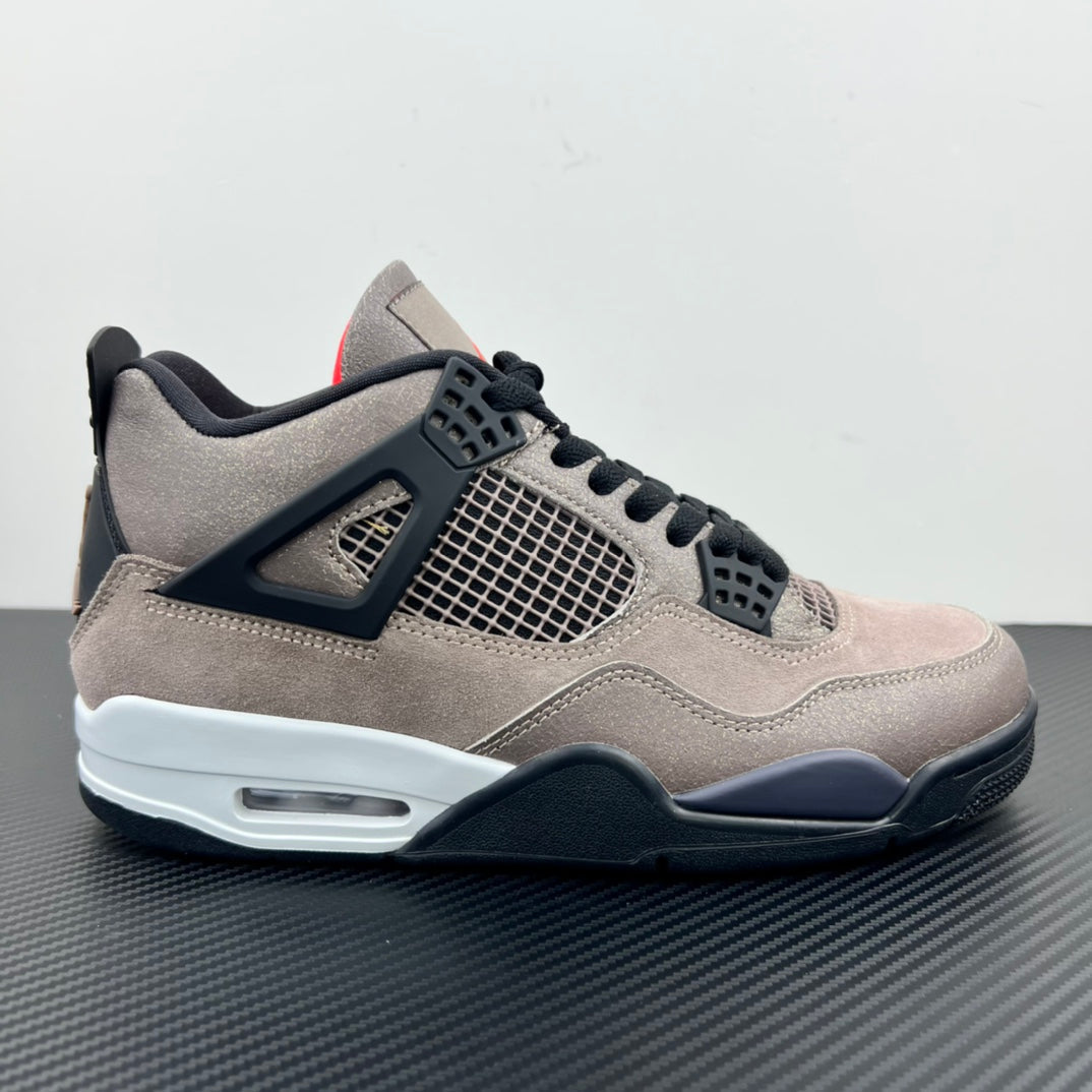 Taupe and black Air Jordan 4 style sneaker with front mesh grid and lace-up