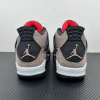 Back view of taupe Air Jordan 4 sneakers with black heel panels and white midsole