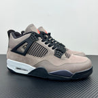 Taupe suede Air Jordan 4 sneaker with black mesh panel and white air sole