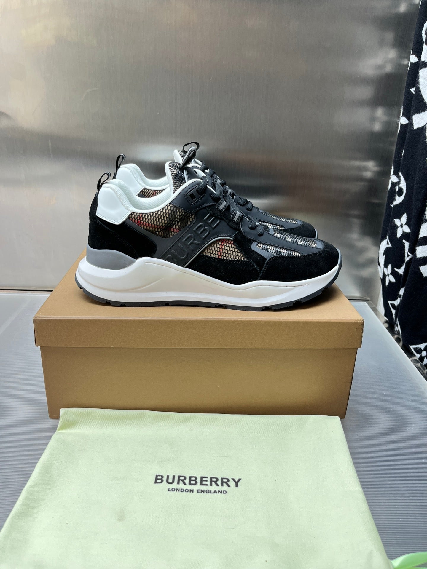Burberry sneakers, black mesh with check panels, white rubber sole, lace-up