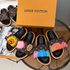 Louis Vuitton slide sandals assortment with dark monogram straps and colorful knit patches