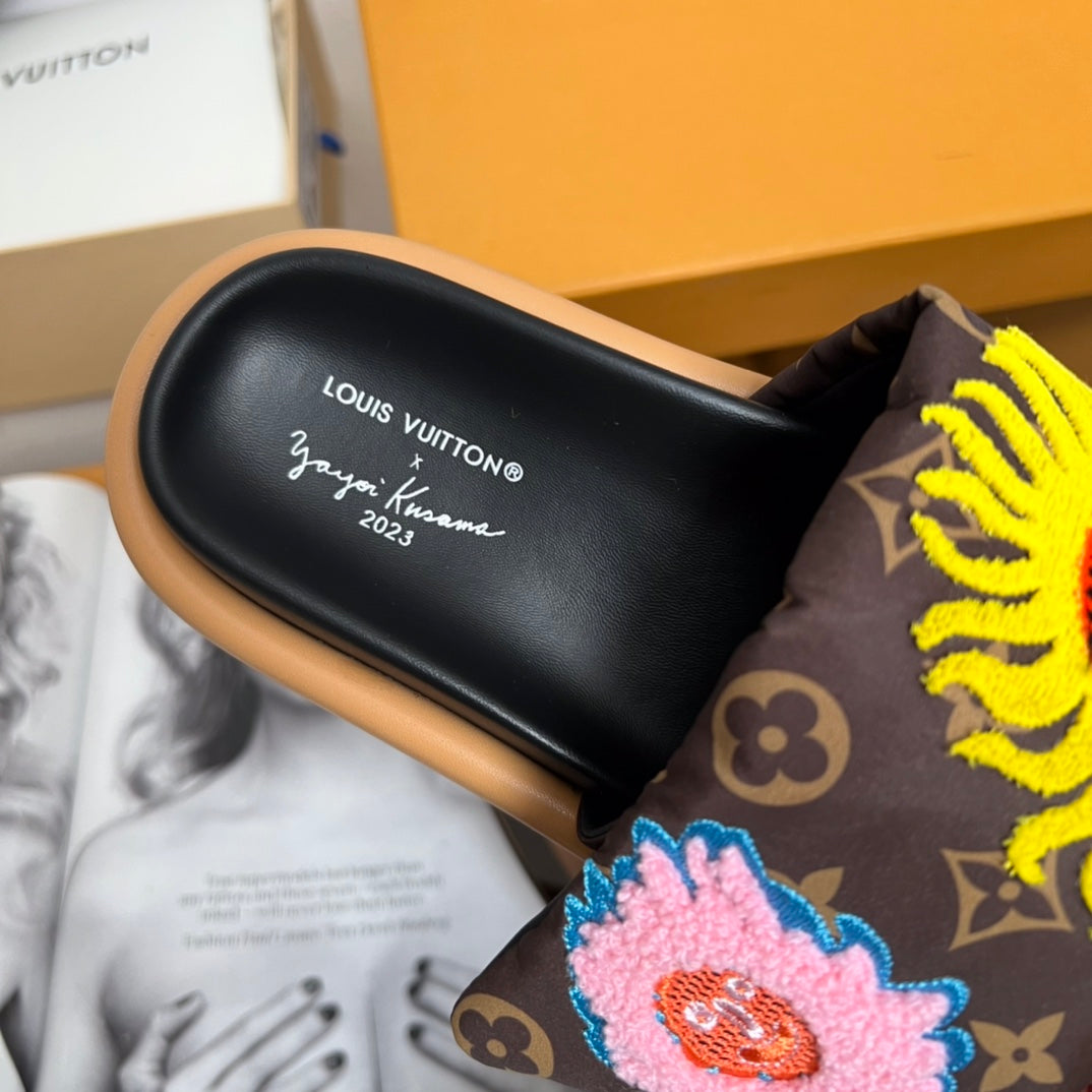 Louis Vuitton slide sandal footbed with script logo and embroidered yellow patch on strap