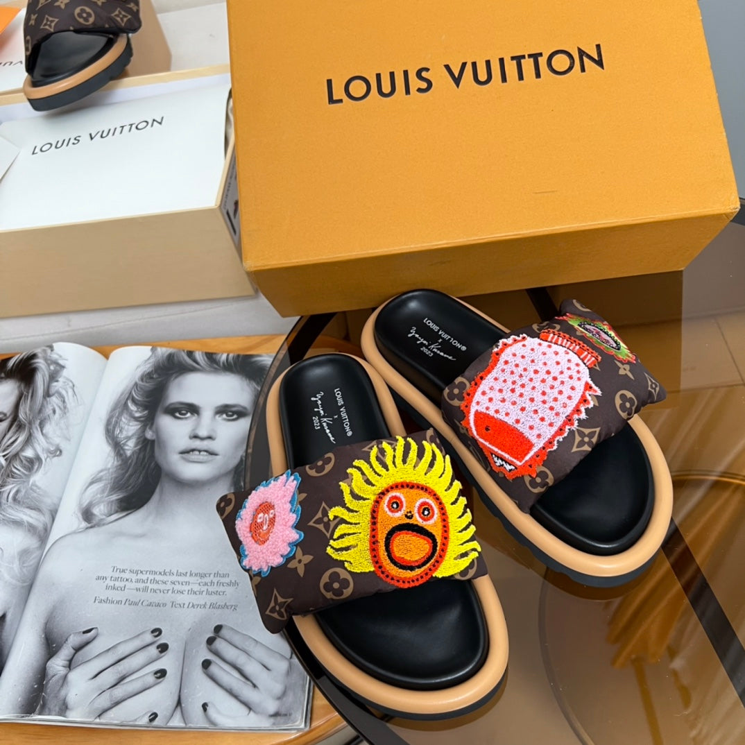 Louis Vuitton slide sandals in dark monogram canvas with colorful embroidered patches