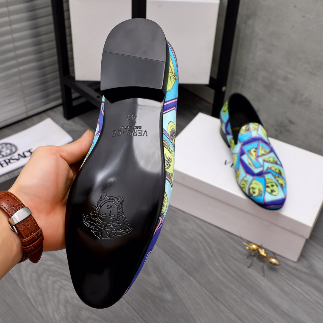 Versace leather sole with embossed logo on black heel underside