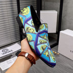 Versace printed loafers, blue and yellow face graphics with black interior lining