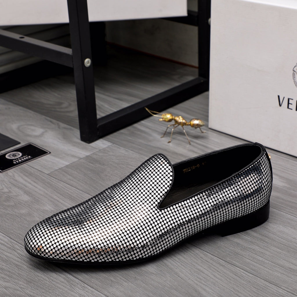 Black rhinestone loafer with pointed toe, low sole, V-cut front