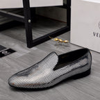 Black rhinestone loafer with pointed toe, low sole, V-cut front