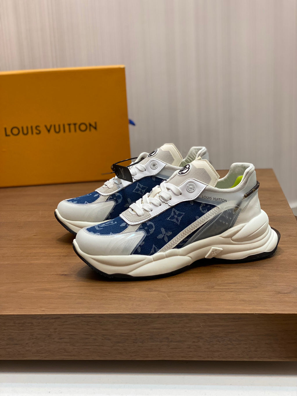Blue and white monogram unisex sneakers with lace-up and thick sole