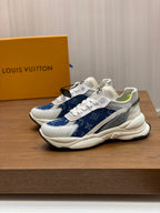 Blue and white monogram unisex sneakers with lace-up and thick sole