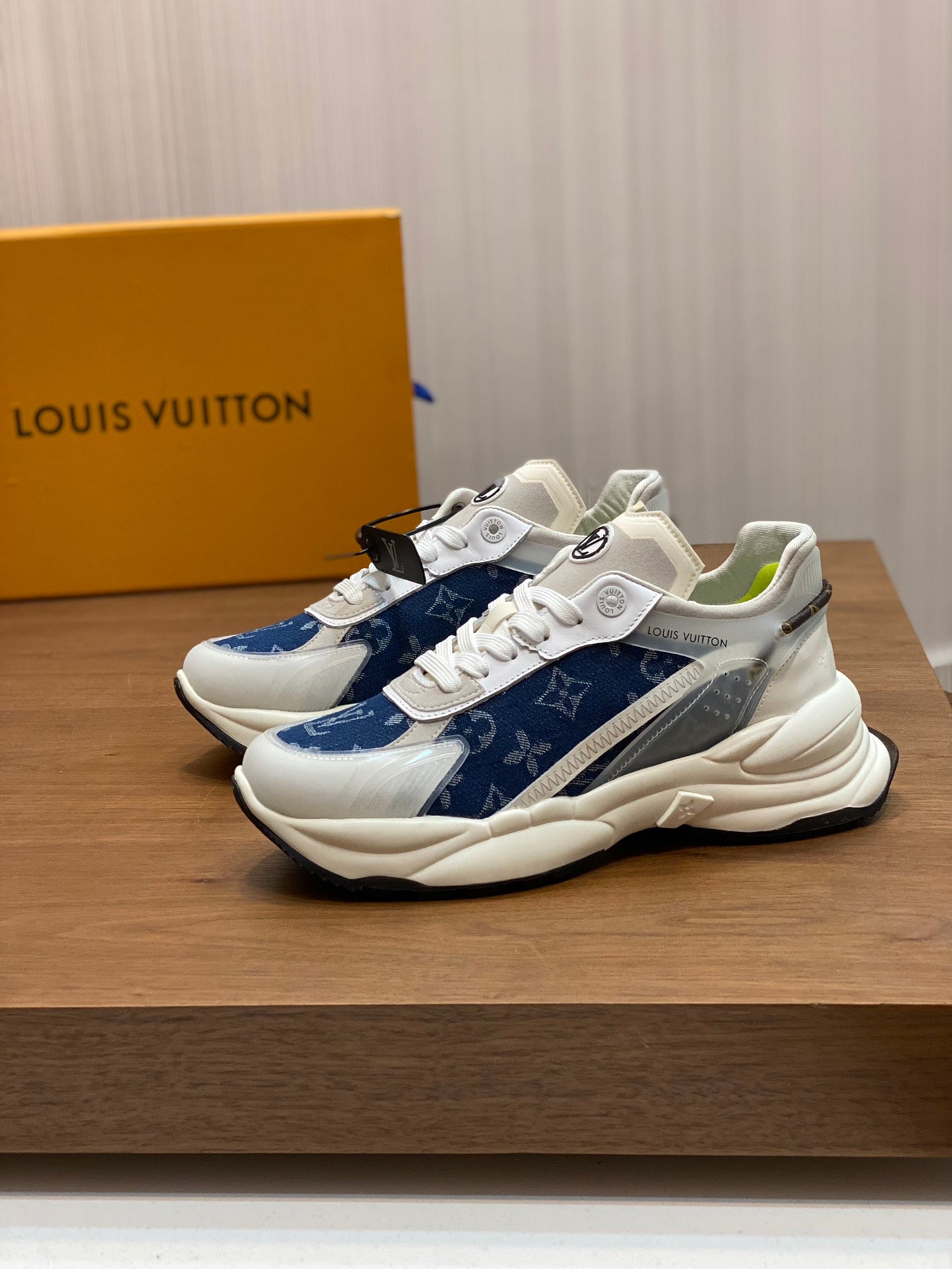 Blue and white monogram unisex sneakers with lace-up and thick sole