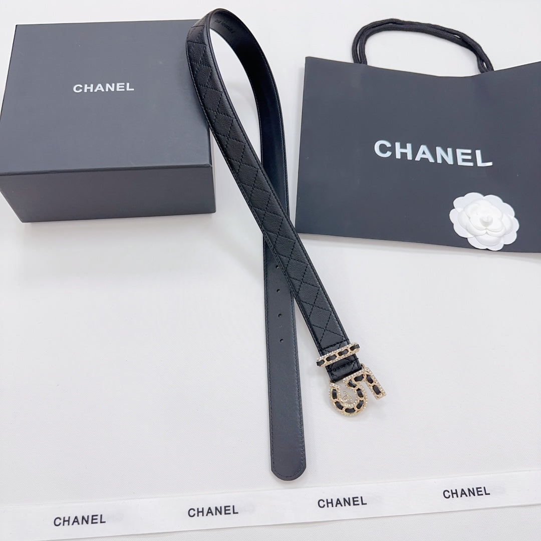 Chanel dark leather belt with quilted texture and gold-tone CC clasp