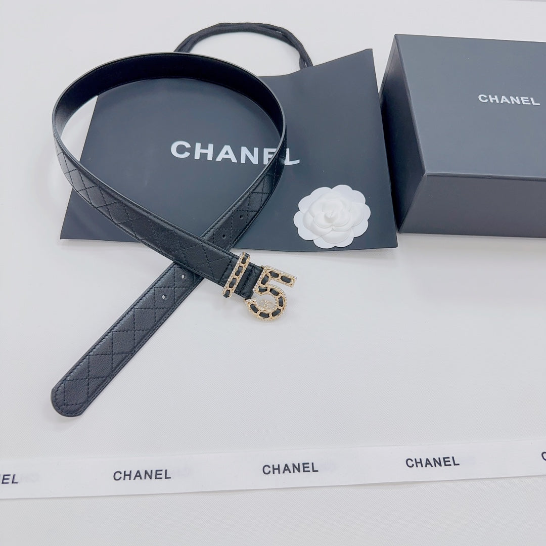 Chanel black leather belt with gold-tone CC buckle and quilted strap