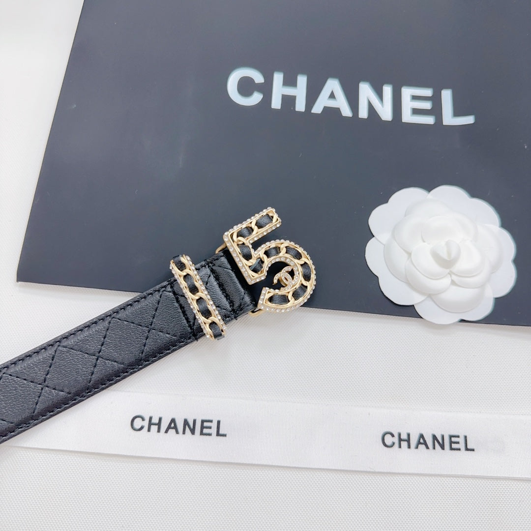 Chanel black leather belt with gold-tone CC buckle detail