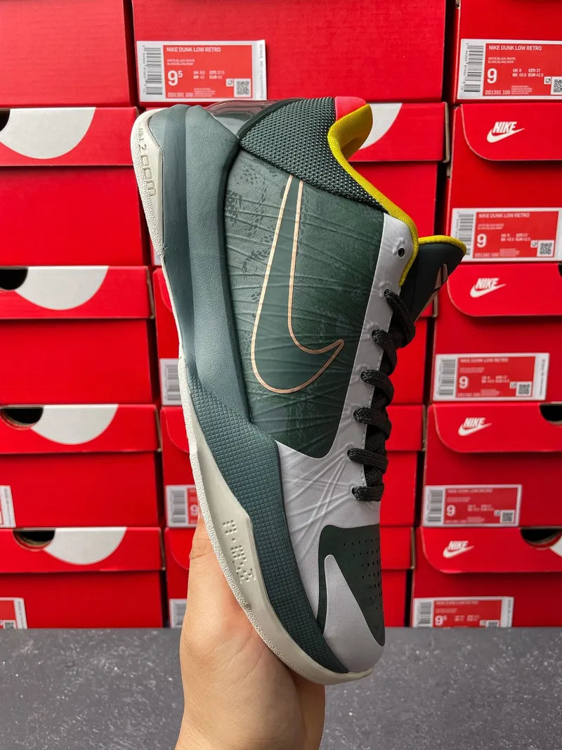 Nike Zoom Kobe 5 Protro EYBL basketball shoes, side profile with gold swoosh and black laces