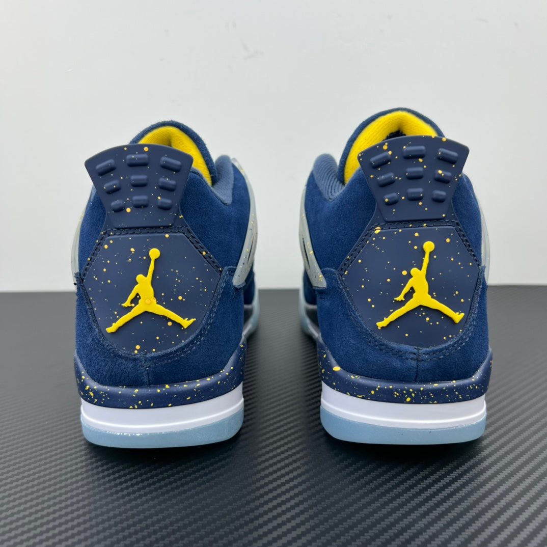 Air Jordan 4 sneaker heel view in blue with yellow Jumpman logo on the back