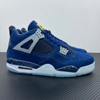 Air Jordan 4 sneaker in blue with gray mesh panels and white Air sole detail
