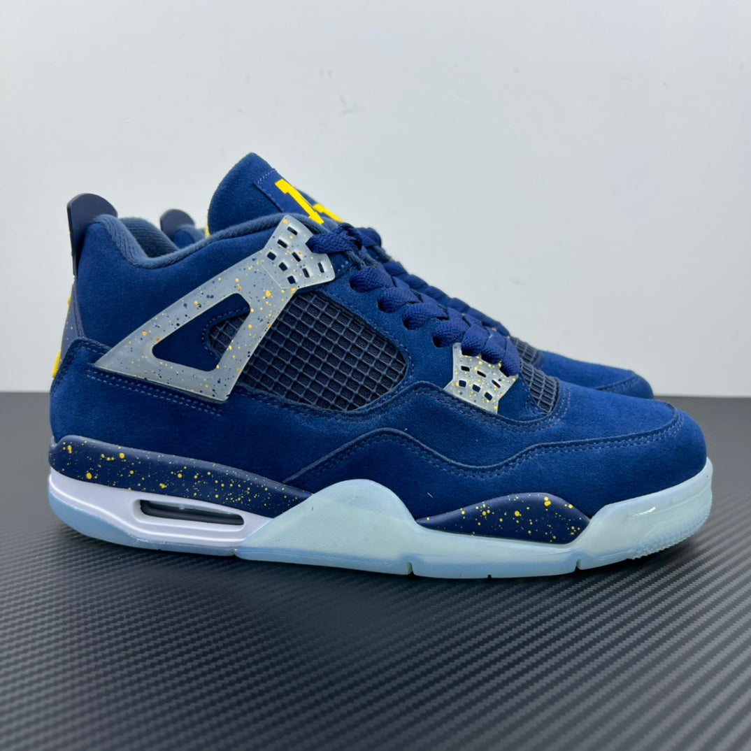 Air Jordan 4 sneaker in blue with gray mesh panels and white Air sole detail