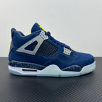 Air Jordan 4 sneaker side view in blue with speckled trim and white sole